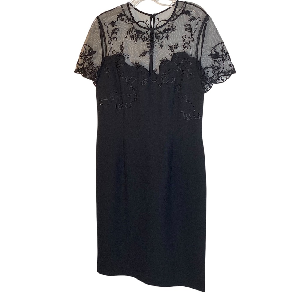 Alice + Olivia Black Embroidered Mesh Yoke Sheath Cocktail Dress Large Glam NEW - Picture 2 of 7